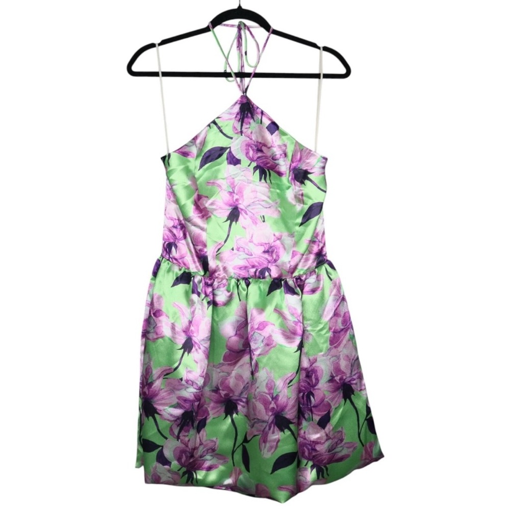 Delfi Tiffany Mini Dress Womens Size Medium Green Floral Print Satin Halter